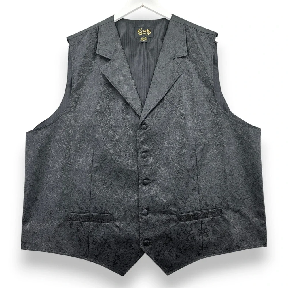 Scully Mens XXL Black Paisley Western Vest Formal Notched Lapel Polyester Cinch